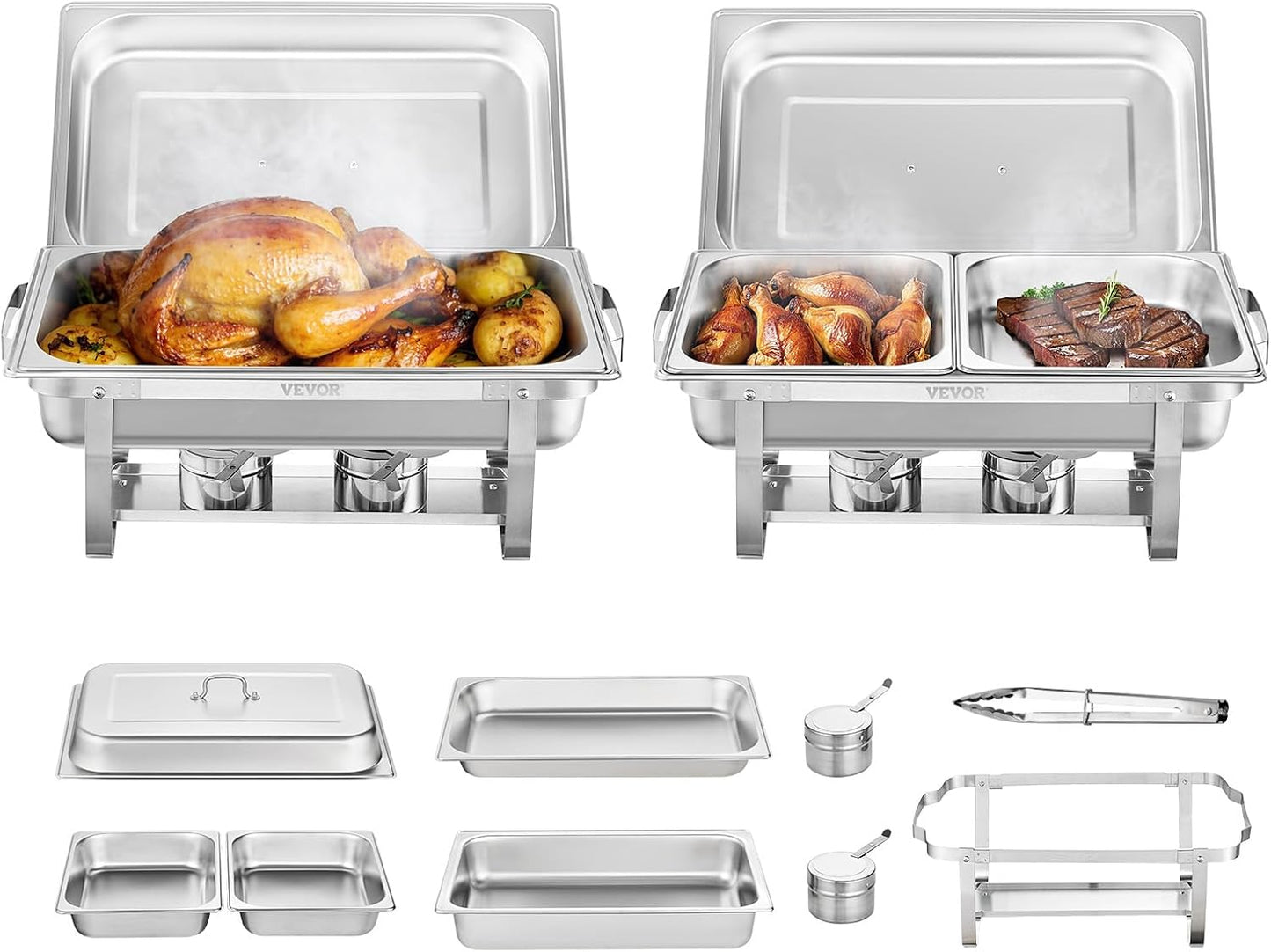 VEVOR Chafing Dish Buffet Set, 8 Qt 2 Pack, Stainless Chafer w\/ 2 Full & 4 Half Size Pans, Rectangle Catering Warmer Server w\/Lid Water Pan Folding Stand Fuel Tray Holder Clip, at Least 8 People Each