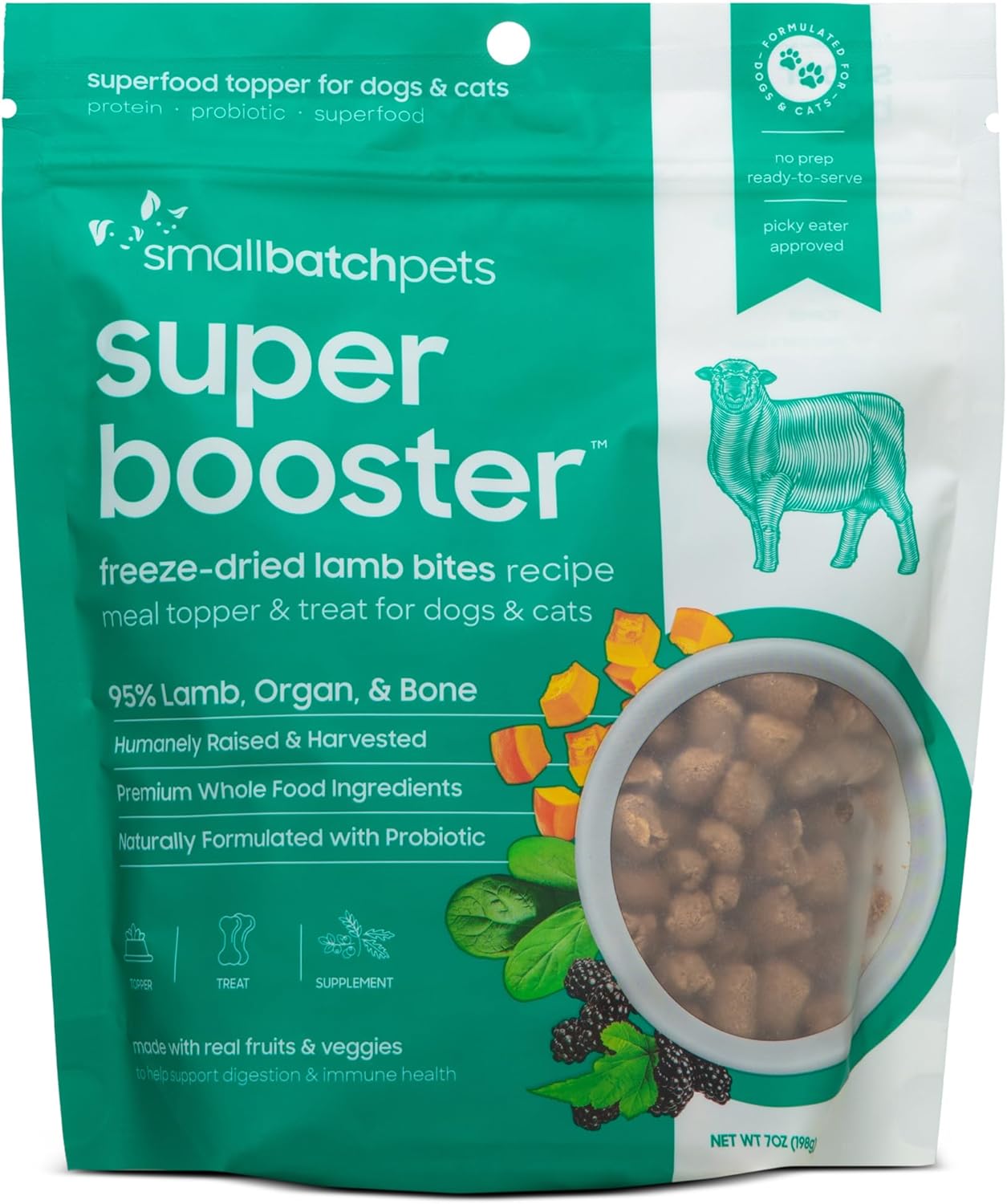 smallbatch Pets Freeze-Dried Super Booster Lamb Bites for Dogs & Cats, 7 oz, Made in The USA, Humanely Raised Single Protein Source, Topper & Treat, with Organic Vegetables and Probiotics