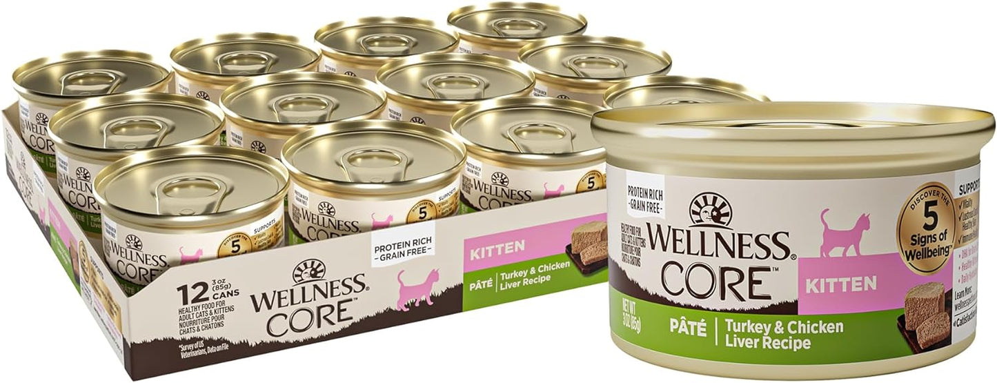 Wellness CORE Pate Kitten Wet Cat Food Canned, Natural, Protein-Rich, Grain Free, 3 Ounce Cans, 12 Pack, (Turkey & Chicken Liver)