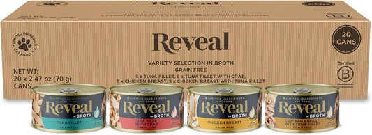 Reveal Natural Wet Cat Food, 20 Count, Grain Free, Limited Ingredient Canned Food for Cats, Fish and Chicken Variety in Broth, 2.47 oz Cans