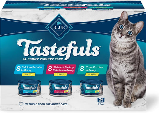 Blue Buffalo Tastefuls Flaked Wet Cat Food Variety Pack, Made with Natural Ingredients, Tuna, Chicken, Fish & Shrimp, 5.5-oz Cans (24 Count, 8 of Each)