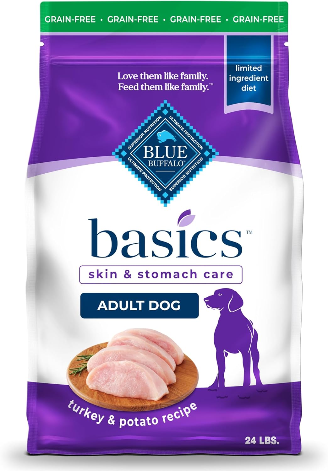 Blue Buffalo Basics Grain-Free Adult Dry Dog Food, Skin & Stomach Care, Limited Ingredient Diet for Dogs, Turkey Recipe, 24-lb. Bag