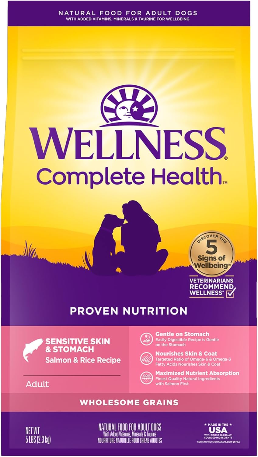 Wellness Complete Health Senstive Skin & Stomach Natural Adult Dry Dog Food, Salmon and Rice Recipe, 5 Pound Bag