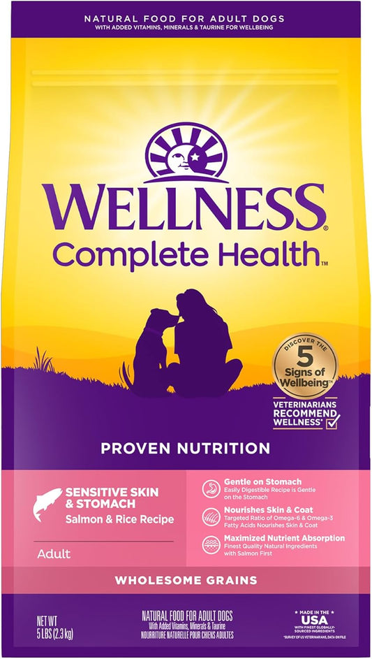 Wellness Complete Health Senstive Skin & Stomach Natural Adult Dry Dog Food, Salmon and Rice Recipe, 5 Pound Bag