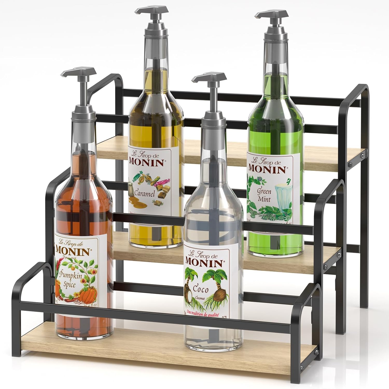 DTUQYX Coffee Syrup Organizer Free-Installation: 12 Bottles Capacity Syrup Rack 3 Tier for Coffee Bar Station, Wine Rack for Countertop, Tiered Spice Rack Organizer for Cabinet, Bottle Display Shelf