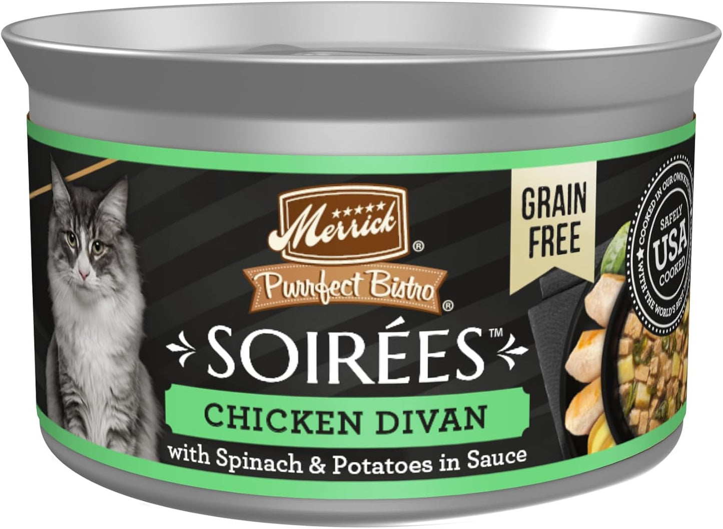 Merrick Purrfect Bistro Soirees Grain Free Natural Wet Canned Cat Food with Gravy, Chicken Divan Recipe - (Pack of 24) 2.75 oz. Cans