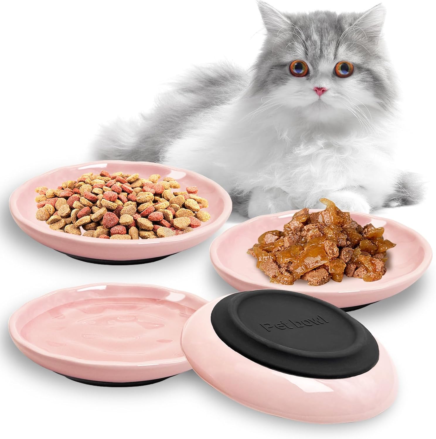 BNOSDM Ceramic Shallow Cat Bowl, 4 Pcs Kitten Dishes with Non-Slip Silicone Bottom Whisker Fatigue Dry\/Wet Food Bowls Set Pet Feeder Plates for Kitty Small Cats, Pink