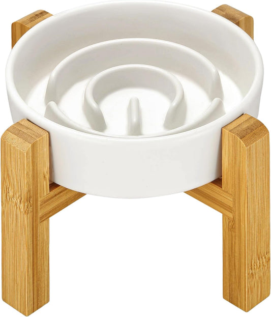 MOPANG Ceramic Slow Feeder Dog Bowls Elevated for Small Breed, Slow Feeder Cat Bowl, 0.6 Cup Dog Slow Feeder with Wooden Stand, Puzzle Bowl for Small Dogs and Cats, Maze Bowl, 6in, White