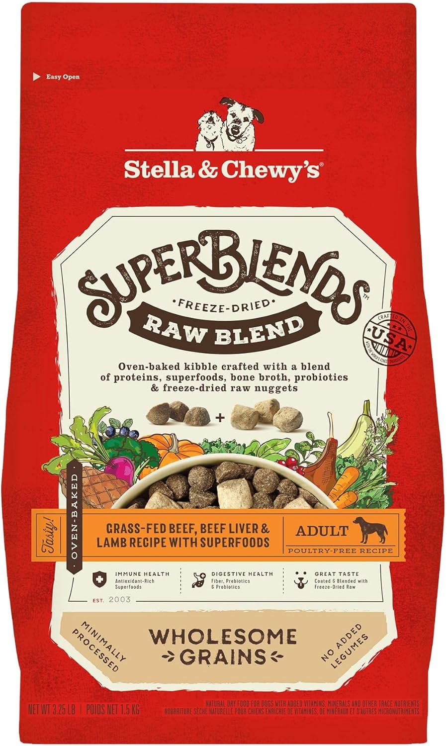 Stella & Chewy's SuperBlends Raw Blend Wholesome Grains Grass-Fed Beef, Beef Liver & Lamb Recipe with Superfoods, 3.25 lb. Bag