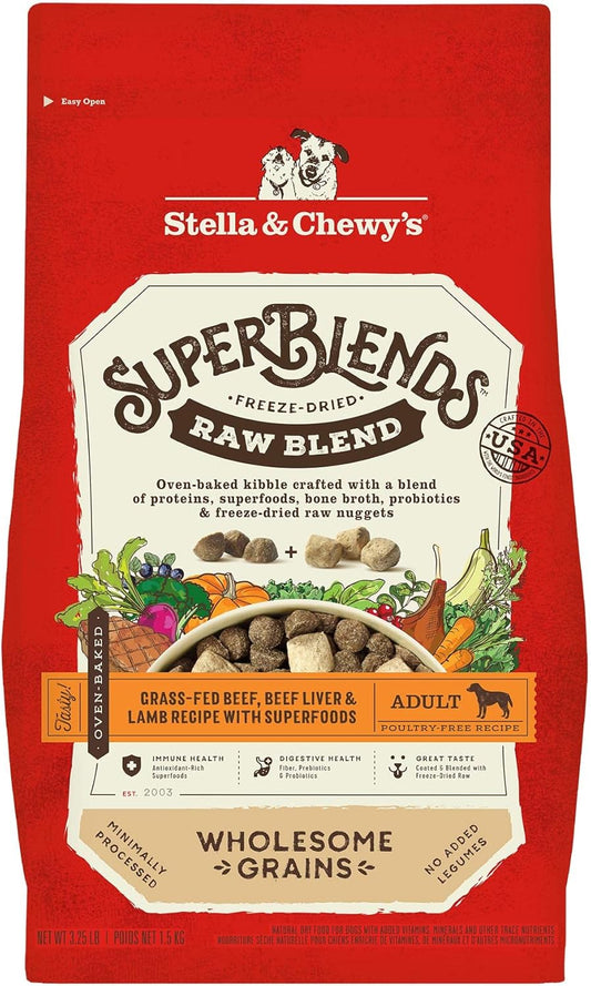 Stella & Chewy's SuperBlends Raw Blend Wholesome Grains Grass-Fed Beef, Beef Liver & Lamb Recipe with Superfoods, 3.25 lb. Bag