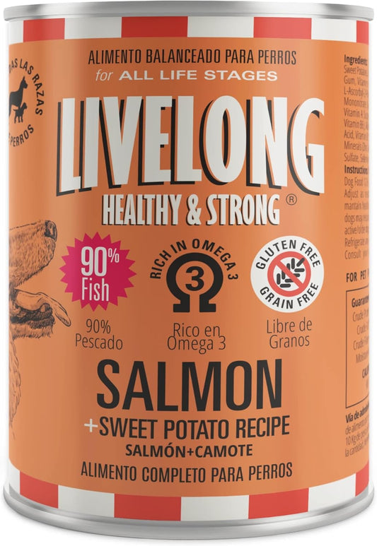 Livelong Healthy & Strong: 12 Pack: Salmon & Sweet Potato Recipe - 12.5oz Cans, Wet Dog Food, High Protein, All Natural, No Preservatives, USA Made