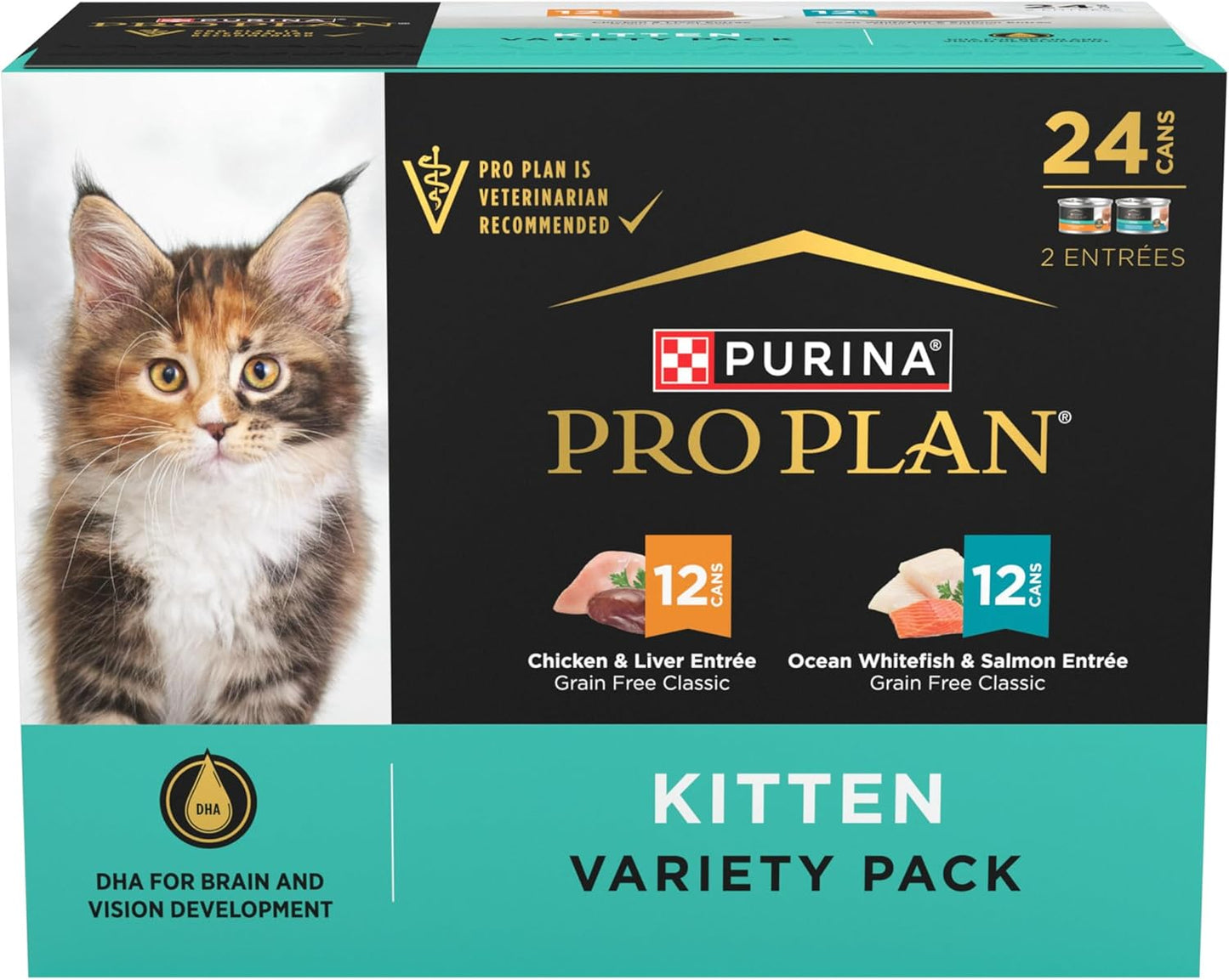 Purina Pro Plan Grain Free Chicken and Liver and Ocean Whitefish and Salmon 24 ct Kitten Wet Food Variety Pack - (24) 3.5 oz. Cans