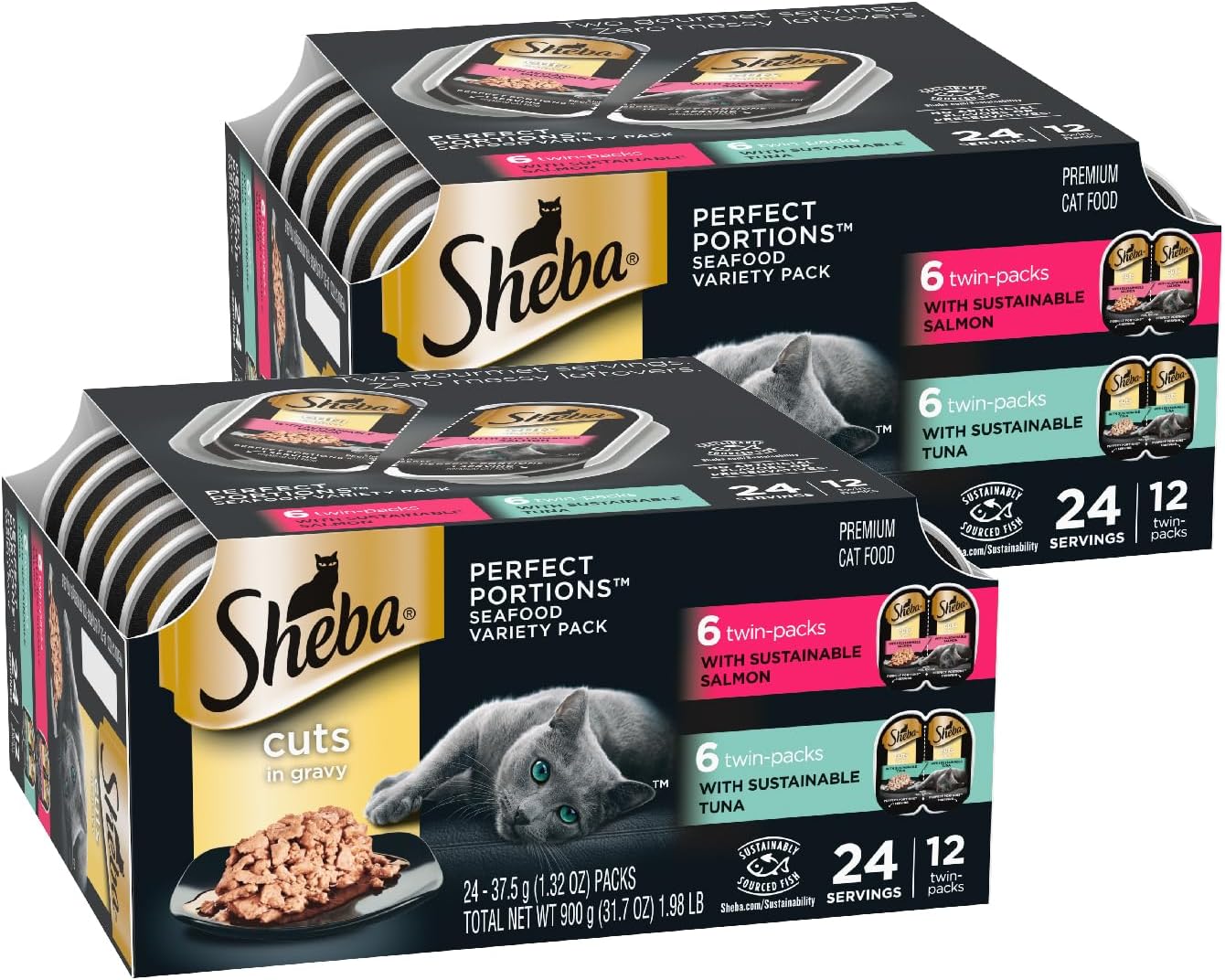 Sheba Perfect Portions Wet Cat Food Cuts in Gravy Variety Pack, With Sustainable Tuna, and With Sustainable Salmon, 2.6 oz., Twin-Pack Trays, (12 Count, 24 Servings) (Pack of 2)