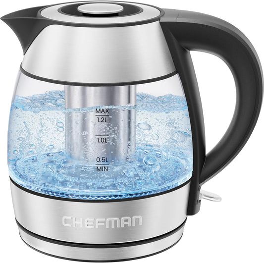 CHEFMAN Electric Kettle - 1.2L 1500W Hot Water Tea Pot with Tea Infuser, BPA Free, Auto Shut Off, Boil-Dry Protection, Removable Lid, LED Light, Cordless Glass Electric Tea Kettle \u2013 Stainless Steel