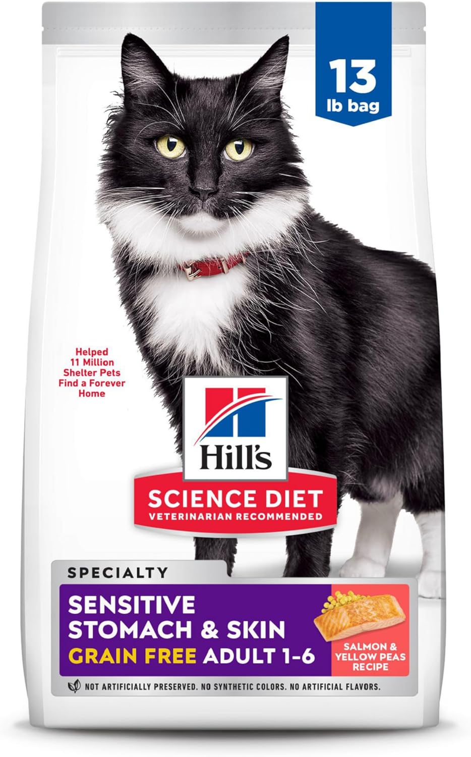 Hill's Science Diet Sensitive Stomach & Skin, Adult 1-6, Stomach & Skin Sensitivity Support, Dry Cat Food, Grain Free Salmon & Yellow Peas, 13 lb Bag