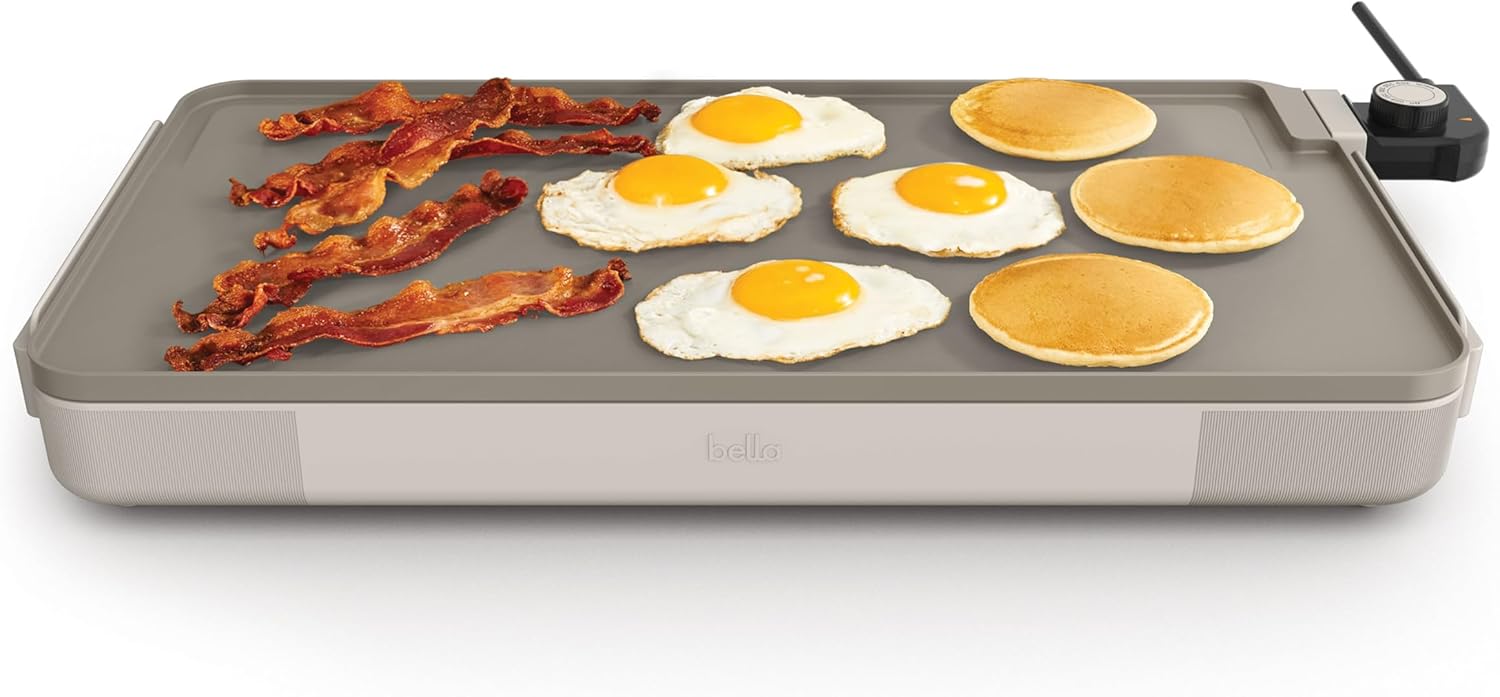 bella 12" x 22" Electric Griddle with EverGood™ Ceramic Nonstick Coating, Removable Temperature Probe, Dishwasher-Safe Drip Tray & Cool Touch Handles, Cook up to 15 Eggs, 1500 Watt, Oatmilk