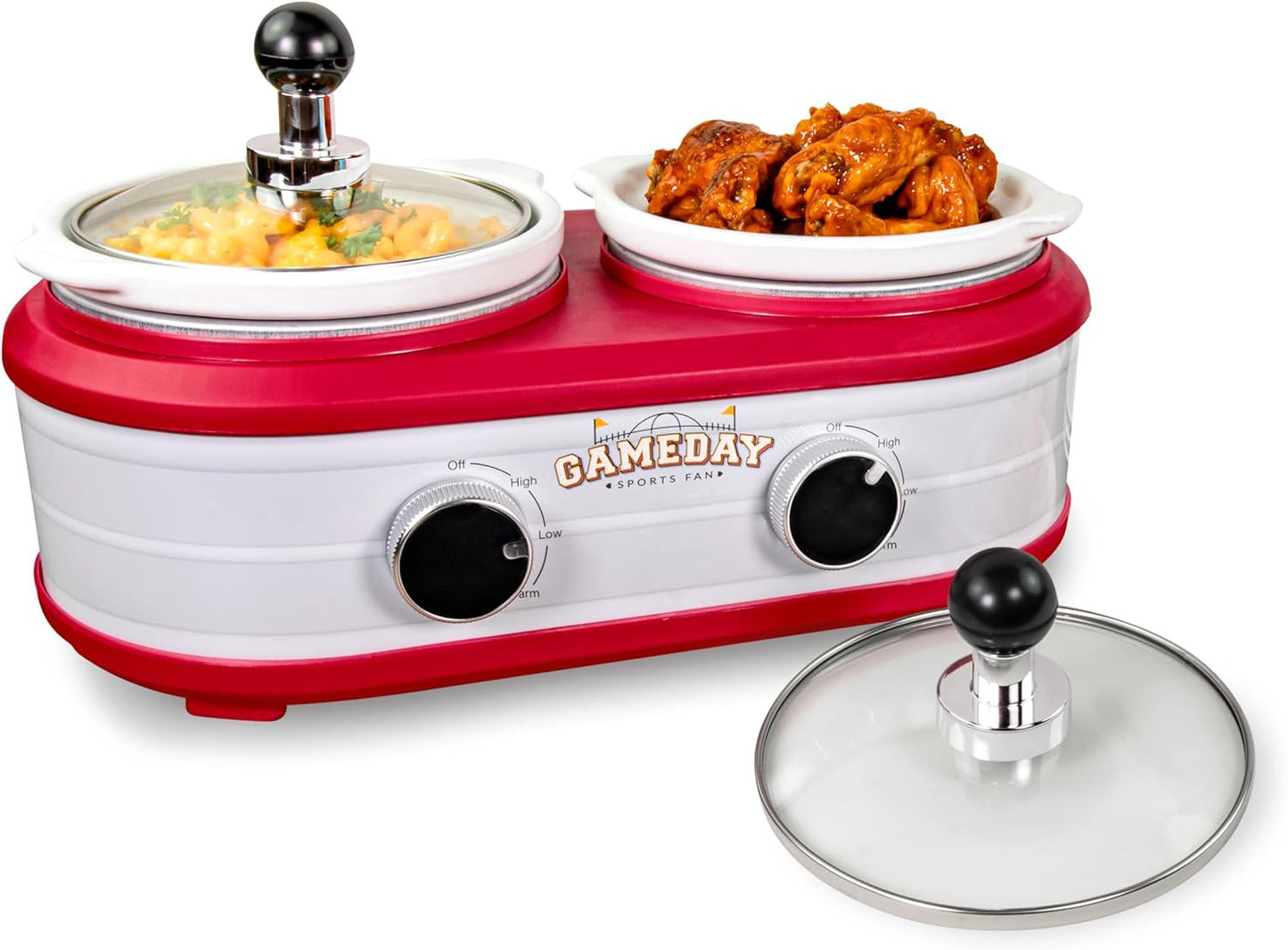 Nostalgia Game Day 2.5-Quart 2-Section Slow Cooker with Lid and Ladle, Keg-Like Design, Cooks Chicken Wings, Meatballs, Chilli, Cheese, Soup, Stews, and More