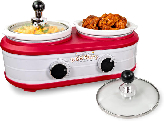 Nostalgia Game Day 2.5-Quart 2-Section Slow Cooker with Lid and Ladle, Keg-Like Design, Cooks Chicken Wings, Meatballs, Chilli, Cheese, Soup, Stews, and More