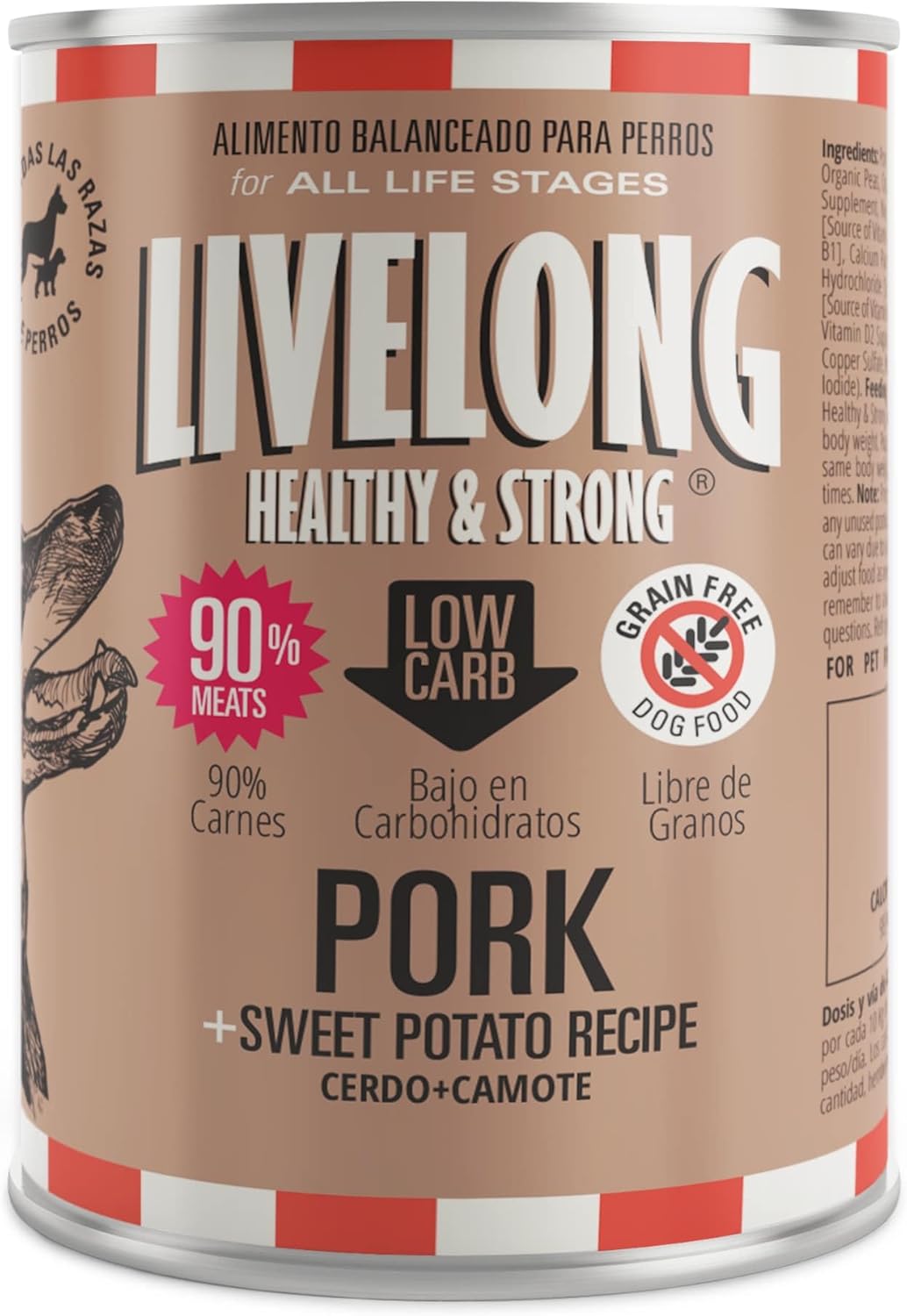 Livelong Healthy & Strong: 12 Pack: Pork & Sweet Potato Recipe - 12.5oz Cans, Wet Dog Food, High Protein, All Natural, No Preservatives, USA Made