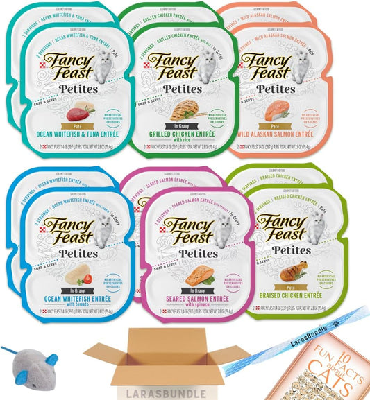 LarasBundle Fancy Feast Petites Wet Cat Food | Fancy Feast Petites in Gravy and Pate Variety Pack (24 Servings / 6 Flavors) Bundled Booklet, Spring Toy and Mice