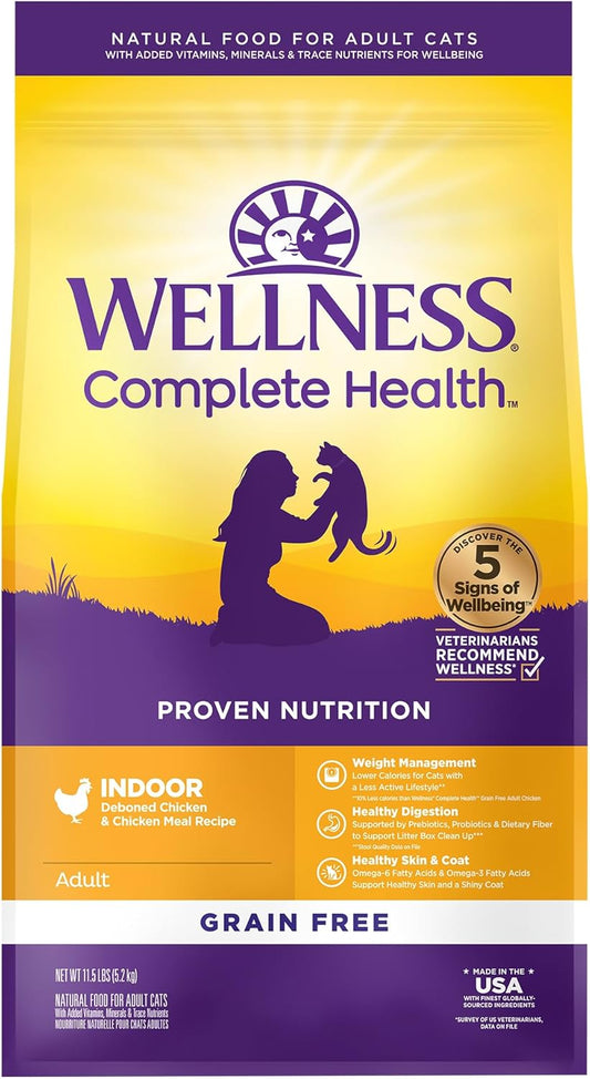 Wellness Natural Pet Food Complete Health Grain-Free Indoor Deboned Chicken Recipe Dry Cat Food, 11.5 Pound Bag