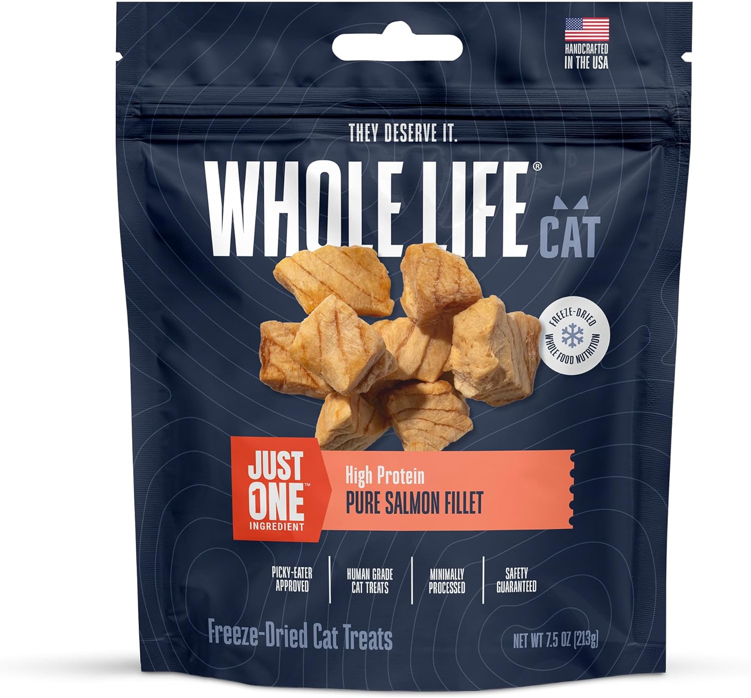 Whole Life Pet Just One Salmon Freeze Dried Cat Treats - Human Grade Cat Food Toppers, High Protein Cat Snacks, Freeze Dried Salmon Cat Toppers for Food, USA Made Natural Cat Treats-7.5 oz (Pack of 1)