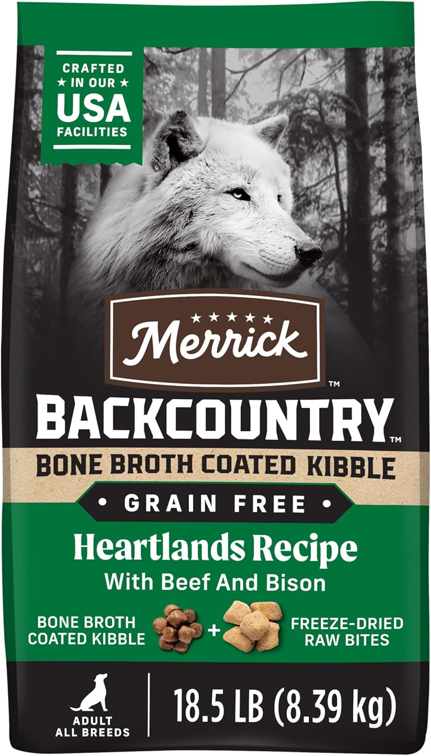 Merrick Grain Free Dry Dog Food Backcountry Bone Broth Coated Kibble Heartlands Recipe with Beef and Bison - 18.5 lb. Bag