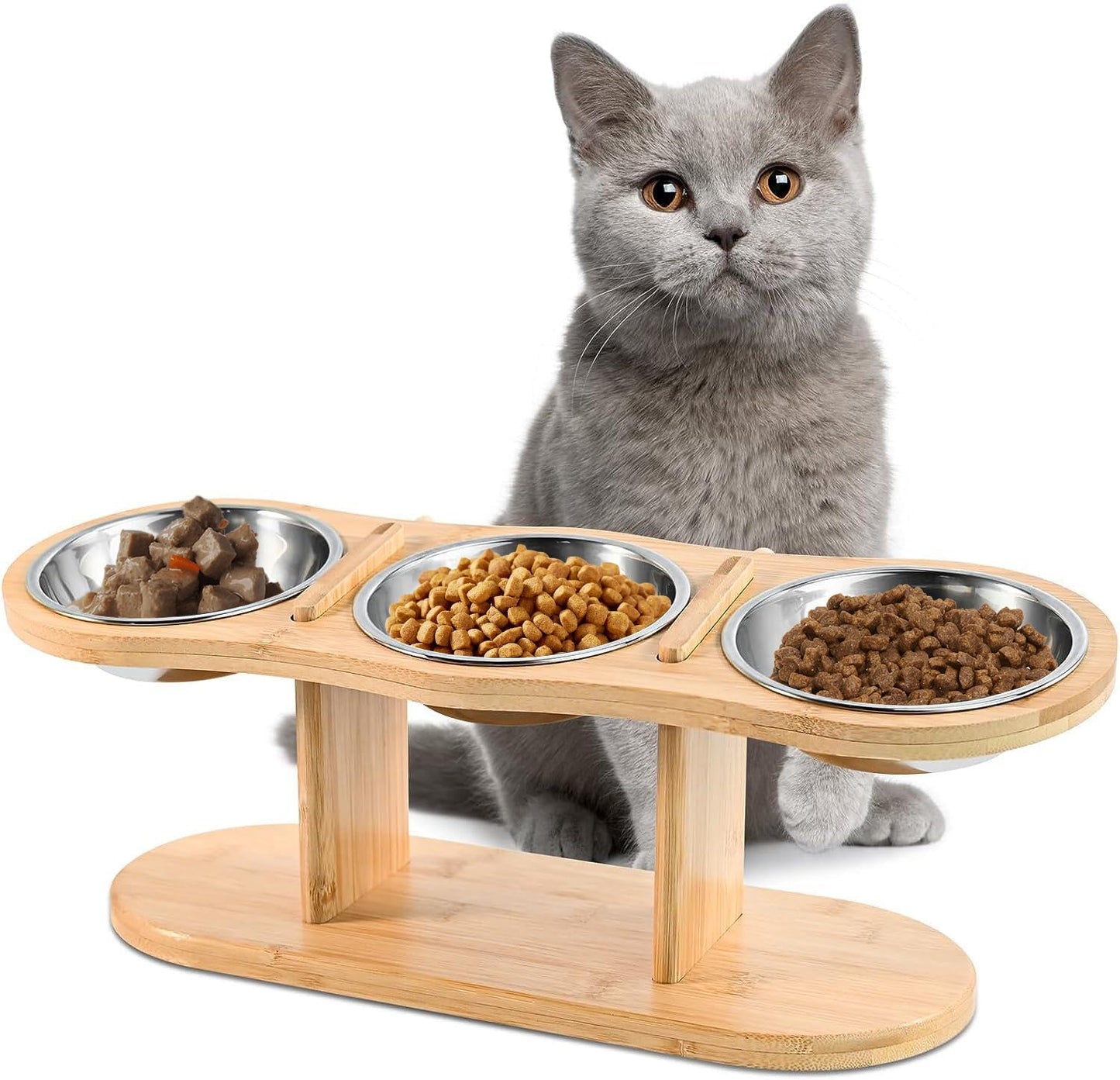 Elevated Cat Bowls - Raised Cat Food Bowls, 3 Stainless Steel Cat Bowls with 15°Tilted Bamboo Stand, Cat Feeding Bowls, Elevated Cat Food and Water Bowls for Indoor Cats, Small Dogs and Puppy