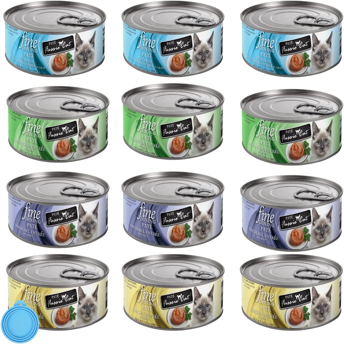 Fussie Cat Fine Dining Pate Canned Wet Food - 2.8 Oz. Cans, Variety Flavor Pack of 12 Cans with HS Can Lid (Variety Pack)