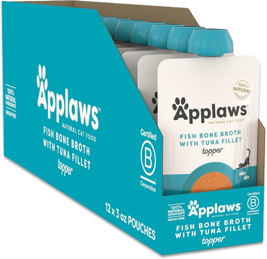 Applaws Natural Bone Broth Wet Cat Food Topper, Limited Ingredient Bone Broth for Cats, Real Protein Wet Food Topper for Cats, Tuna Fillet Bone Broth Topper (12 x 3oz Spout Pouches)