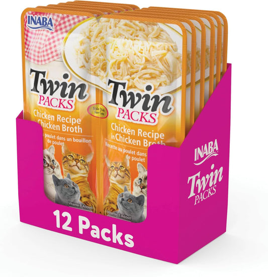 INABA Twin Packs for Cats, Shredded Chicken & Broth Gelée Side Dish\/Topper Pouch, 1.4 Ounces per Serving, 12 Pouches, Chicken Recipe in Chicken Broth