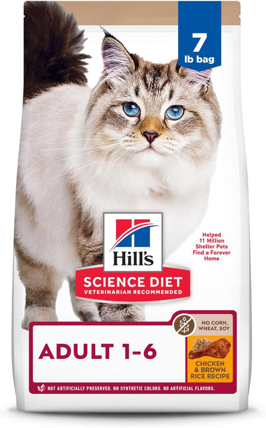 Hill's Science Diet Adult 1-6, Adult 1-6 Premium Nutrition, Dry Cat Food, No Corn, Wheat, Soy Chicken & Brown Rice Recipe, 7 lb Bag