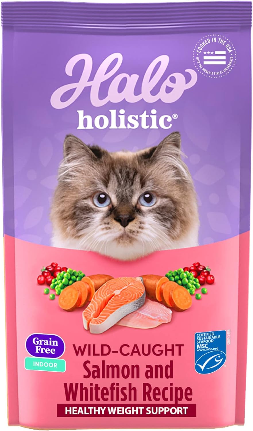 Halo Holistic Indoor Cat Food Dry, Grain Free Wild-caught Salmon & Whitefish Recipe for healthy weight support, Complete Digestive Health, Dry Cat Food Bag, Adult Formula, 6-lb Bag