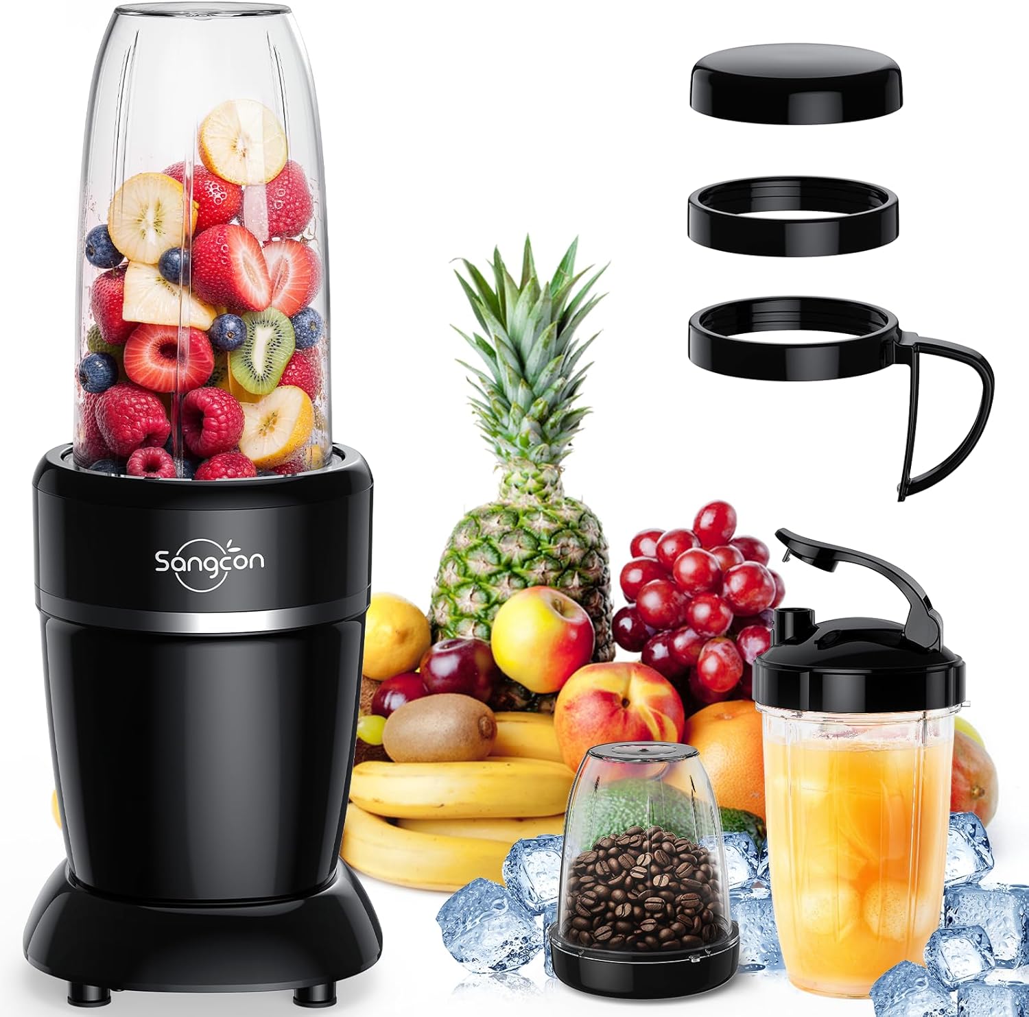 Sangcon 1000W Blender for Smoothies, Blender for Kitchen Smoothie Blender with (3) Cups (2) Spout-Lids (1) Storage-Lid (1) To-Go-Lid, Portable Personal Blender for Shakes Ice Crush Frozen Drink Spices