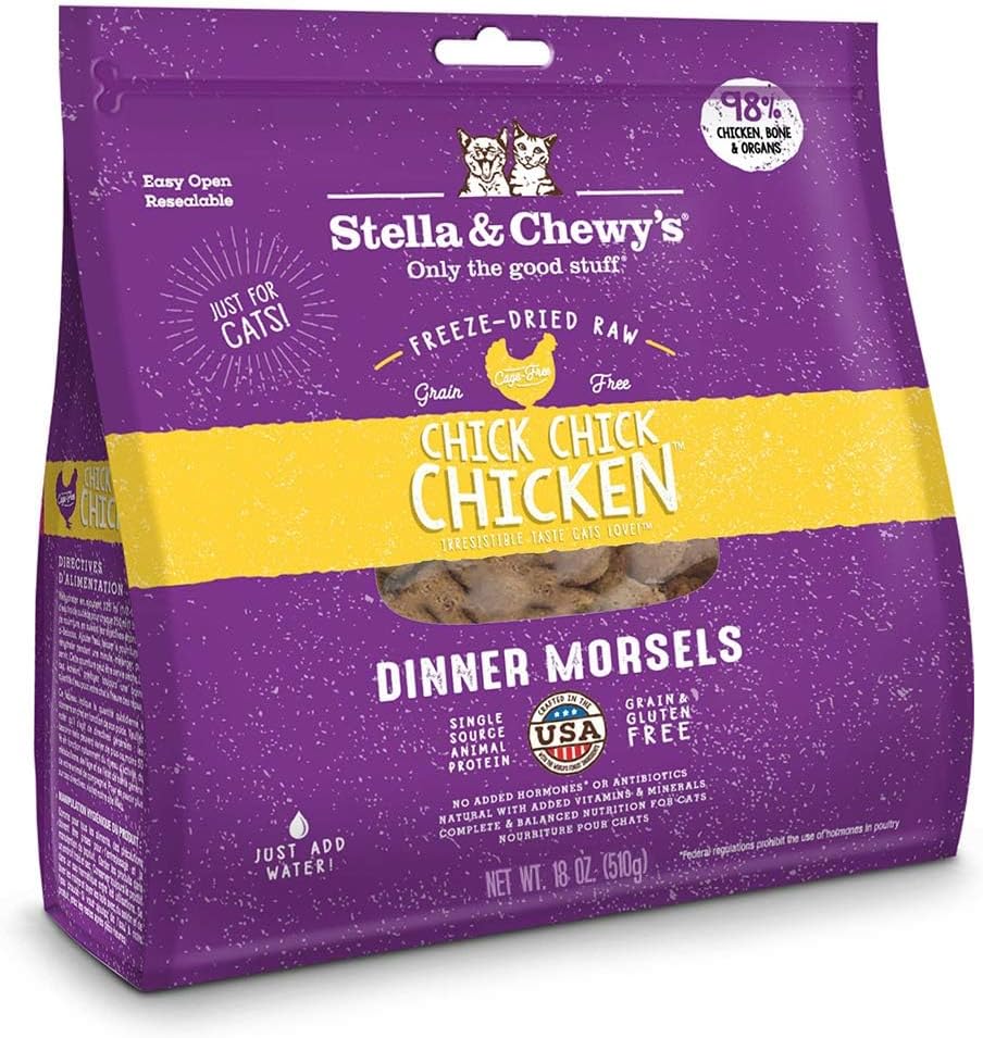 Stella & Chewy\u2019s Freeze-Dried Raw Cat Dinner Morsels \u2013 Grain Free, Protein Rich Cat & Kitten Food \u2013 Chick Chick Chicken Recipe \u2013 18 oz Bag