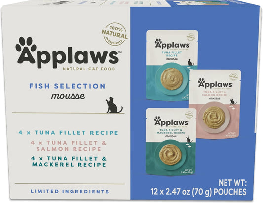 Applaws Natural Wet Cat Food in Mousse, Limited Ingredient Wet Cat Food Pouches, No Additives, Made with Natural Ingredients, Fish Variety Pack in Mousse (12 x 2.47oz Pouches)