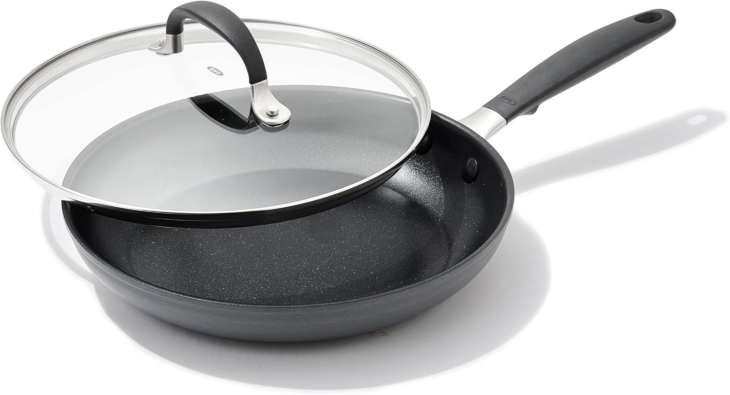 OXO Good Grips 9.5" Frying Pan Skillet with Lid, 3-Layered German Engineered Nonstick Coating, Stainless Steel Handle with Nonslip Silicone, Black