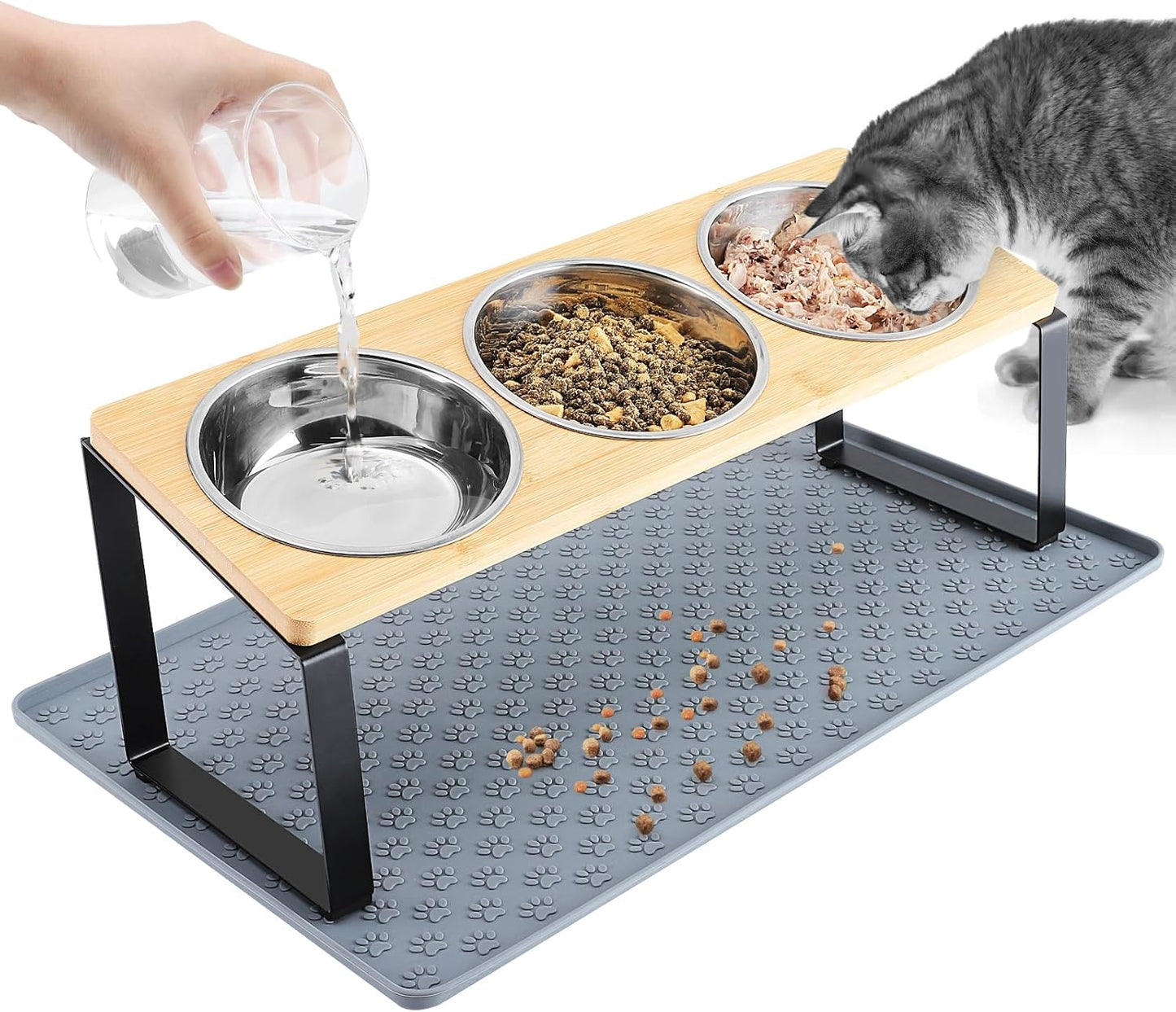 15° Tilted Elevated Cat Bowls - Raised Cat Bowls Stand with Silicone Food Mat & 3 Stainless Steel Cat Dishes for Food and Water, Anti-Vomiting for Indoor Cats and Small Pets