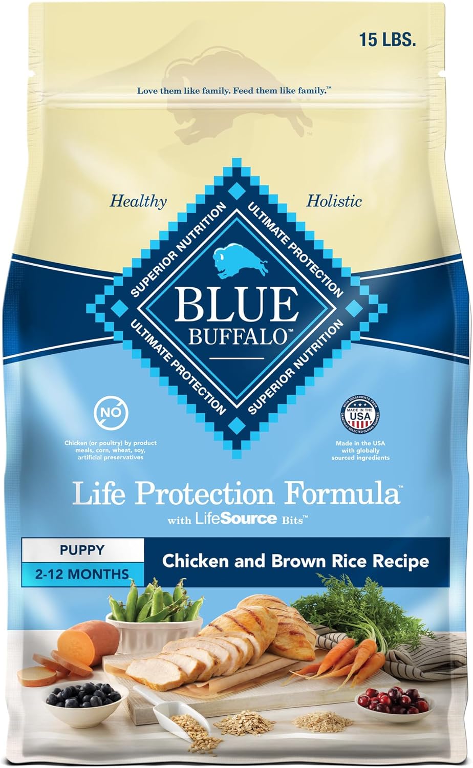 Blue Buffalo Life Protection Formula Puppy Dry Dog Food with DHA and ARA, Made with Natural Ingredients, Chicken & Brown Rice Recipe, 15-lb Bag