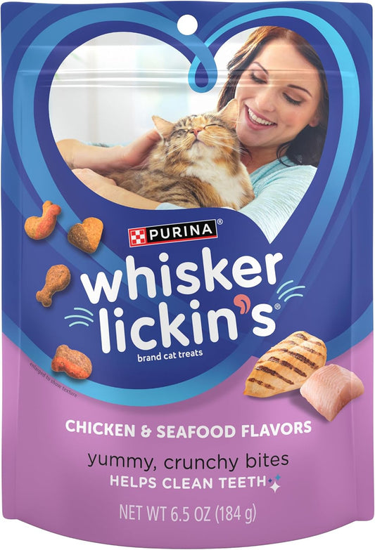 Purina Whisker Lickin's Cat Treats, Crunchy and Yummy Chicken and Seafood Flavors - (Pack of 7) 6.5 oz. Pouches