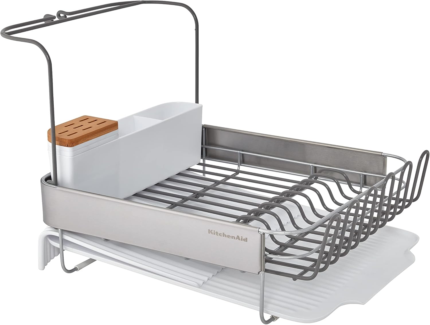 KitchenAid Full Size Compact to Full Capactiy Expandable Rust Resistant Dish Rack, with Self Draining Angled Drainboard and Removable Flatware Caddy, 24-Inch, White