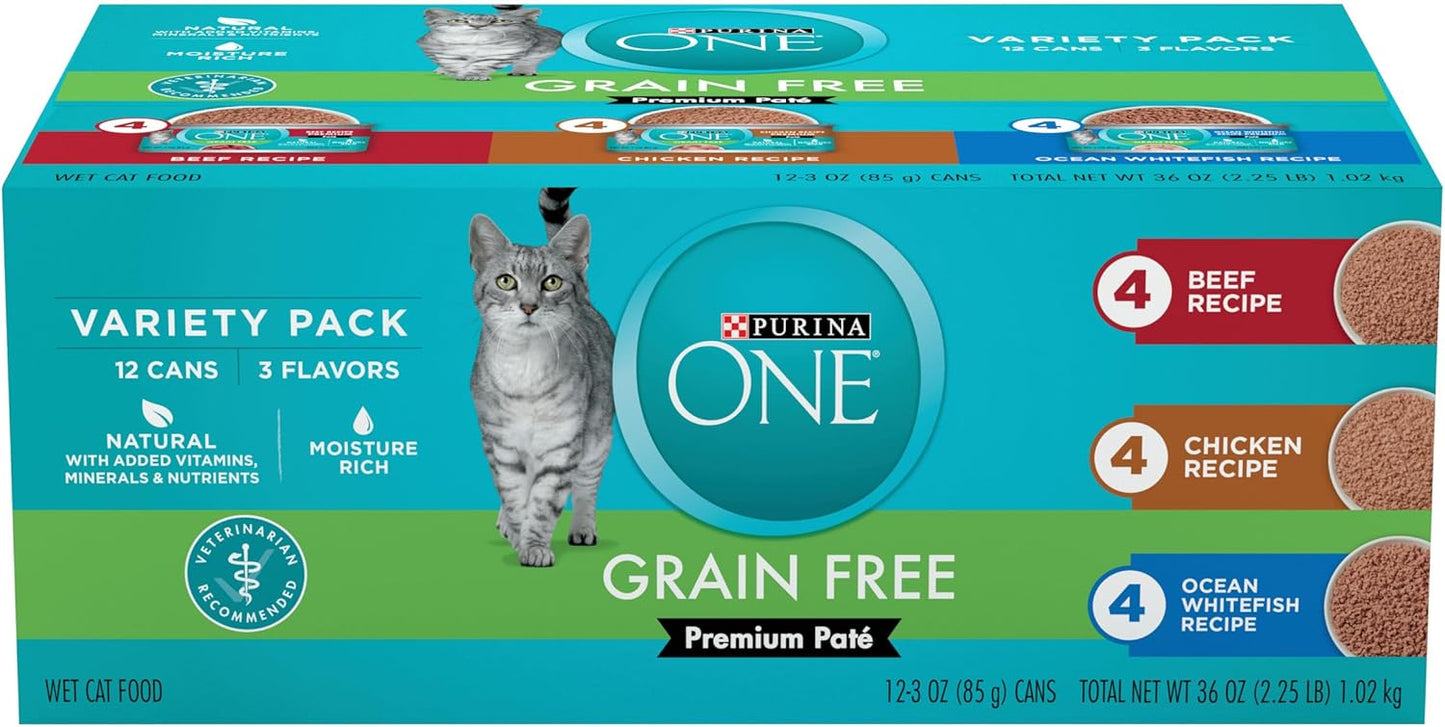 Purina ONE Grain Free, Natural Pate Wet Cat Food Variety Pack, Beef, Chicken and Ocean Whitefish Recipes - (2 Packs of 12) 3 oz. Pull-Top Cans