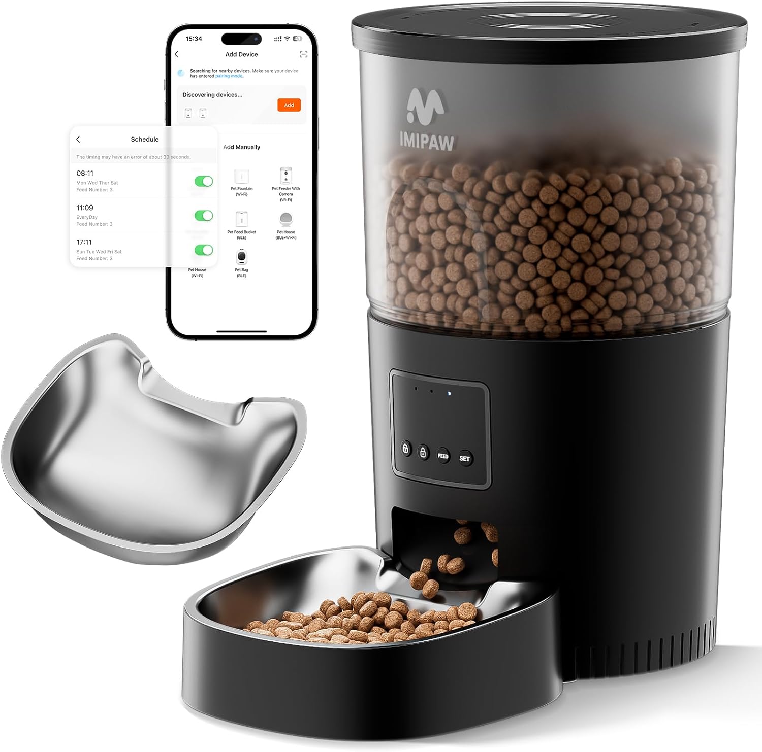 Automatic Cat Food Dispenser, WiFi Cat Feeder with APP Remote Control for Dry Pet Food, Programmable Timer, Dual Power Supply, Slow Feeder for Cats & Small Dogs