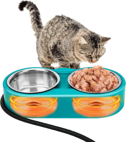 Outdoor Heated Cat Bowl, 42 OZ Heated Water Food Bowl for Cats in Cold Winter, Pet Heated Water Feeder for Kitty Feral Cat Provide Hot Water and Food with 2 Removable Stainless Steel Bowls