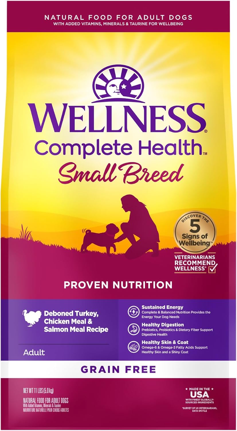 Wellness Complete Health Grain-Free Small Breed Dry Dog Food, Natural Ingredients, Made in USA with Real Turkey, For All Lifestages (Turkey, Chicken & Salmon, 11-Pound Bag)