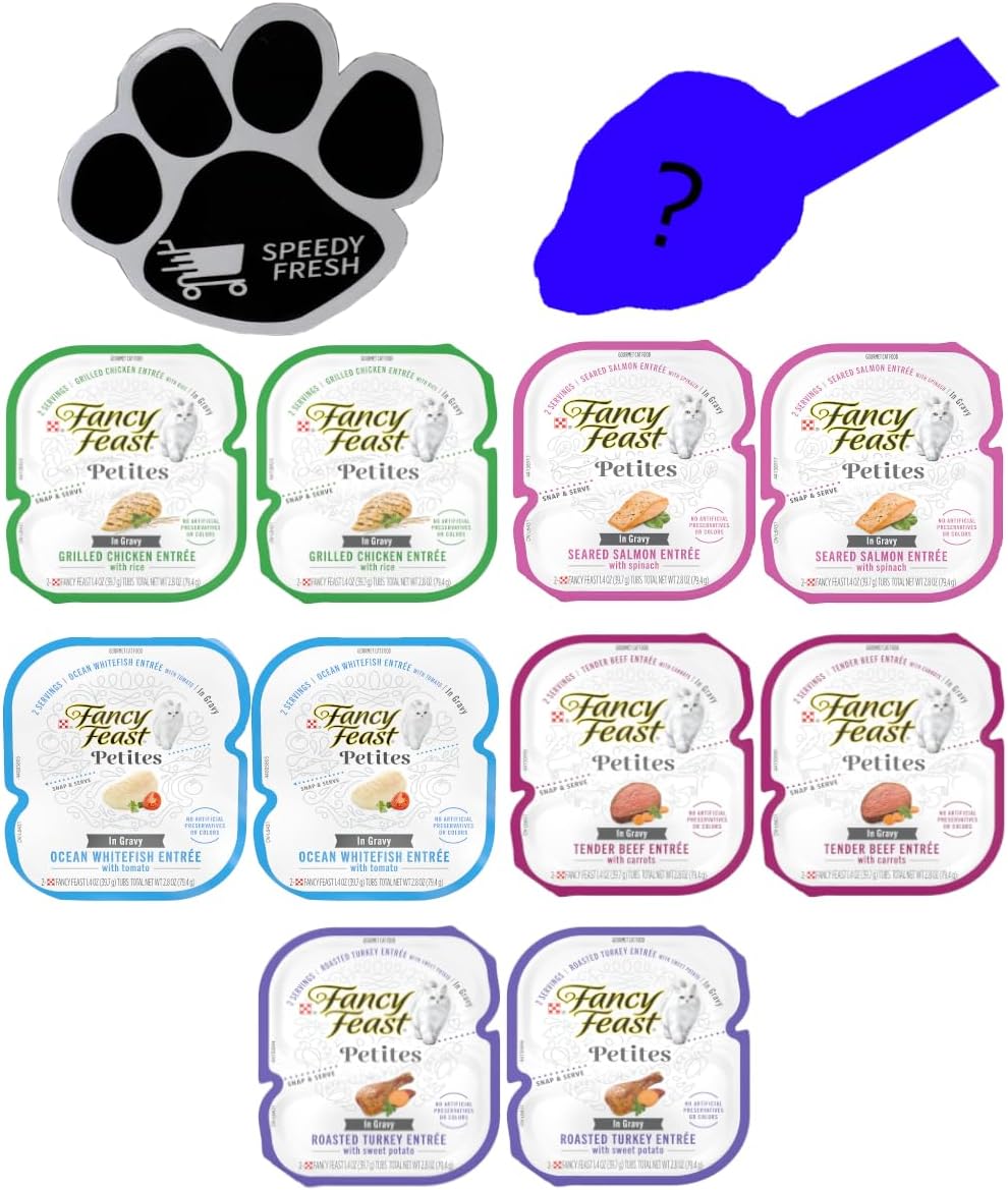 Bundle Fancy Feast Petites with Gravy Wet Cat Food Variety Bundle (20 Servings /10 Pack/5 Flavors) with Magnet and Mystery Mouse Toy