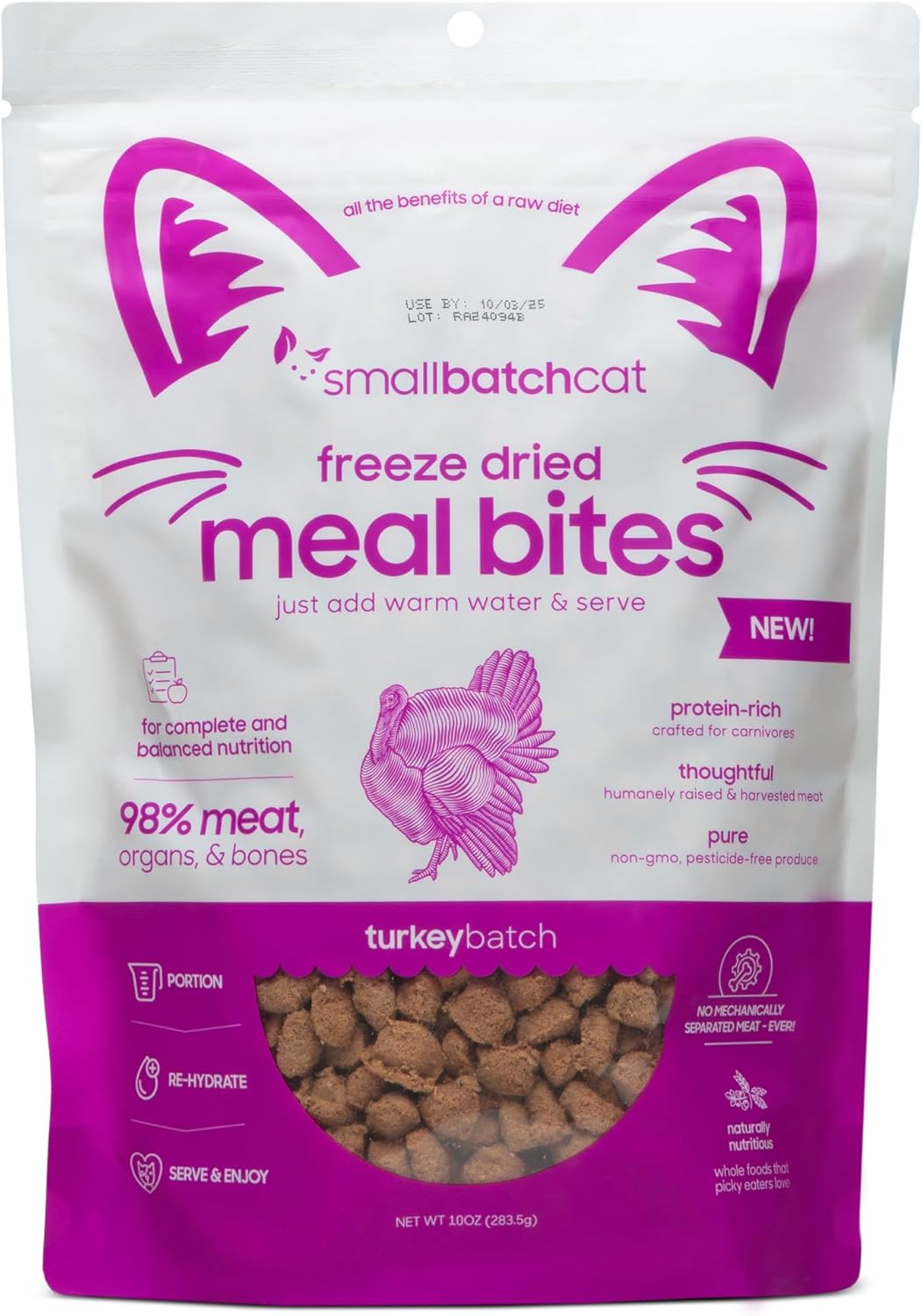 smallbatch Pets Cat Freeze Dried Bites, Premium Raw Cat Food, Turkey Recipe, 10 oz, Humanely Sourced Meat and Made in The USA