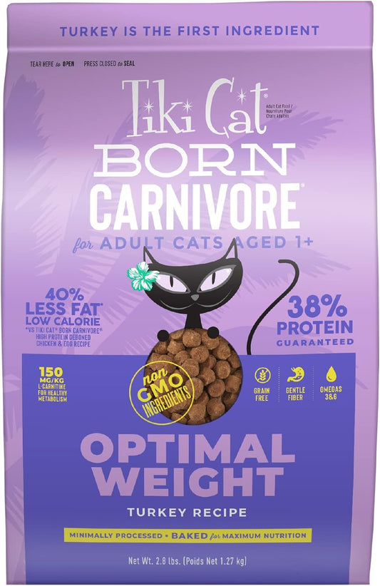 Tiki Cat Born Carnivore Optimal Weight, Turkey, Low-Calorie Grain-Free Baked Kibble to Maximize Nutrients, Dry Cat Food, 2.8 lbs. Bag.