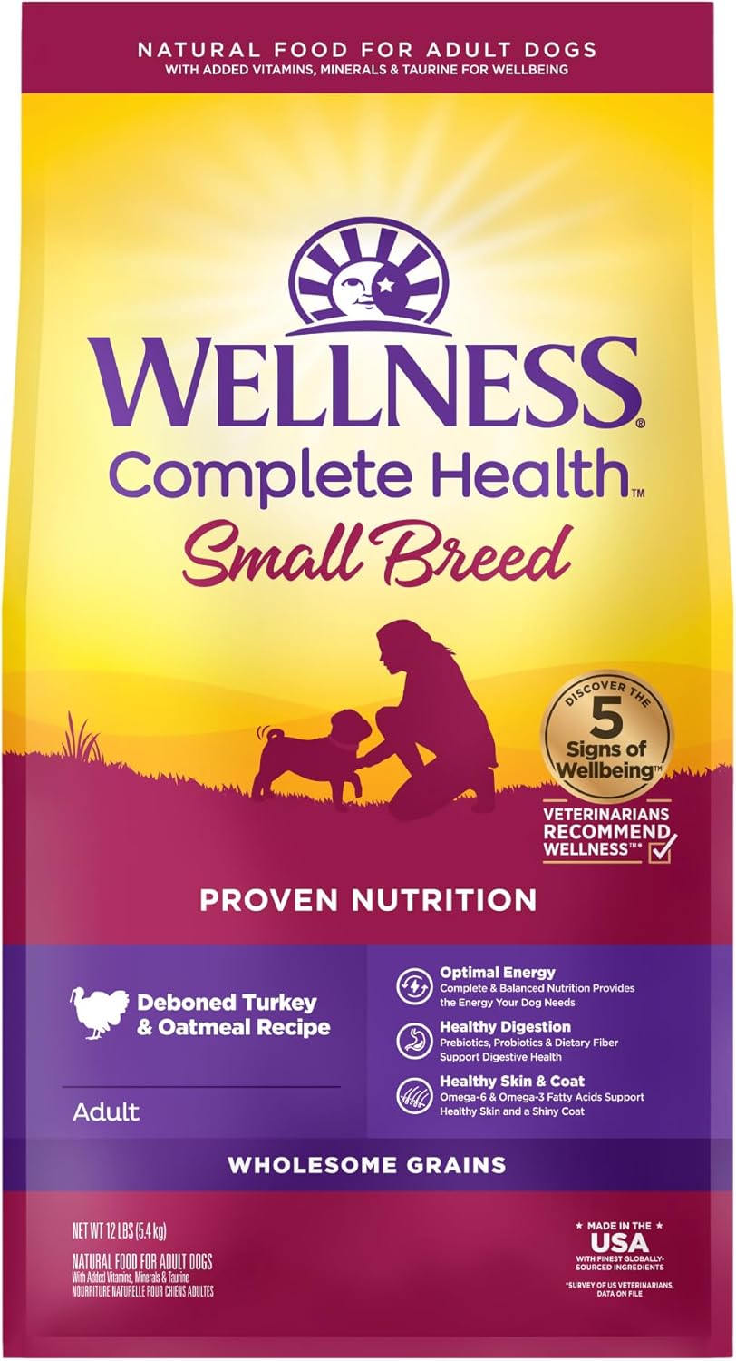 Wellness Complete Health Small Breed Adult Dry Dog Food with Grains and Real Turkey, Natural Ingredients, Omega Fatty Acids, and Probiotics, Made in USA (12-Pound Bag)\u201D