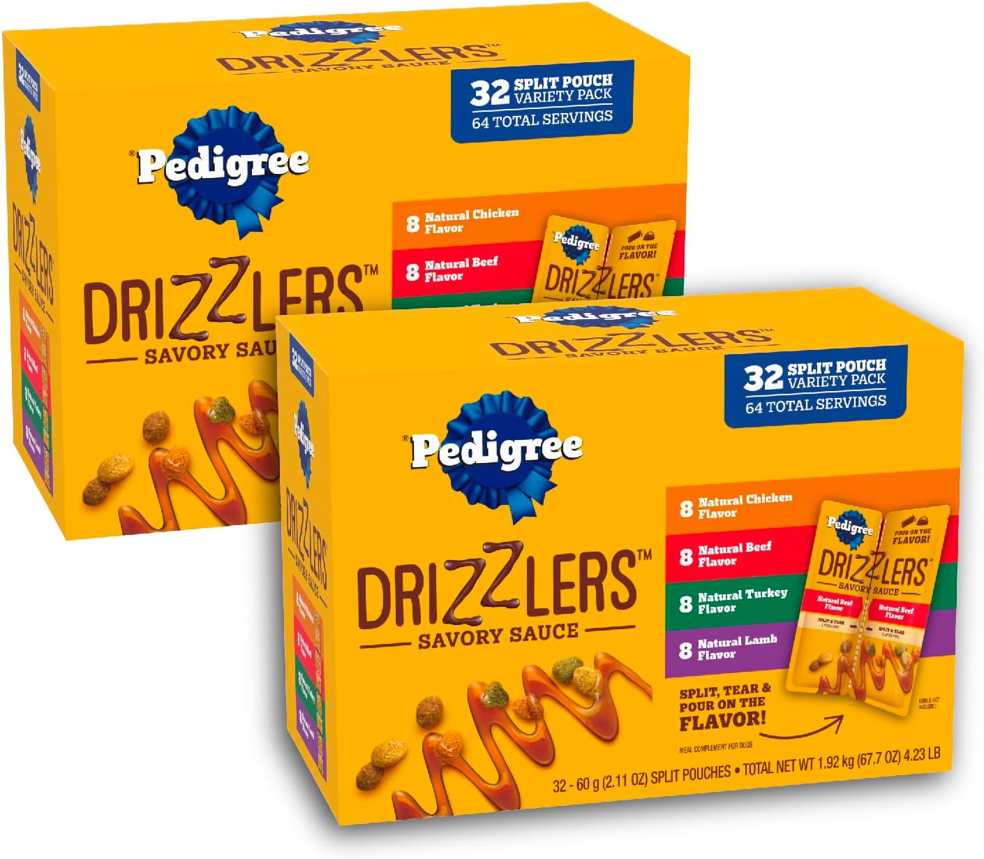 Pedigree Drizzlers Wet Dog Savory Sauce Multipack, 60g Dual-Serving Pouches, 32 Count, Pack of 2 (64 Total Pouches)